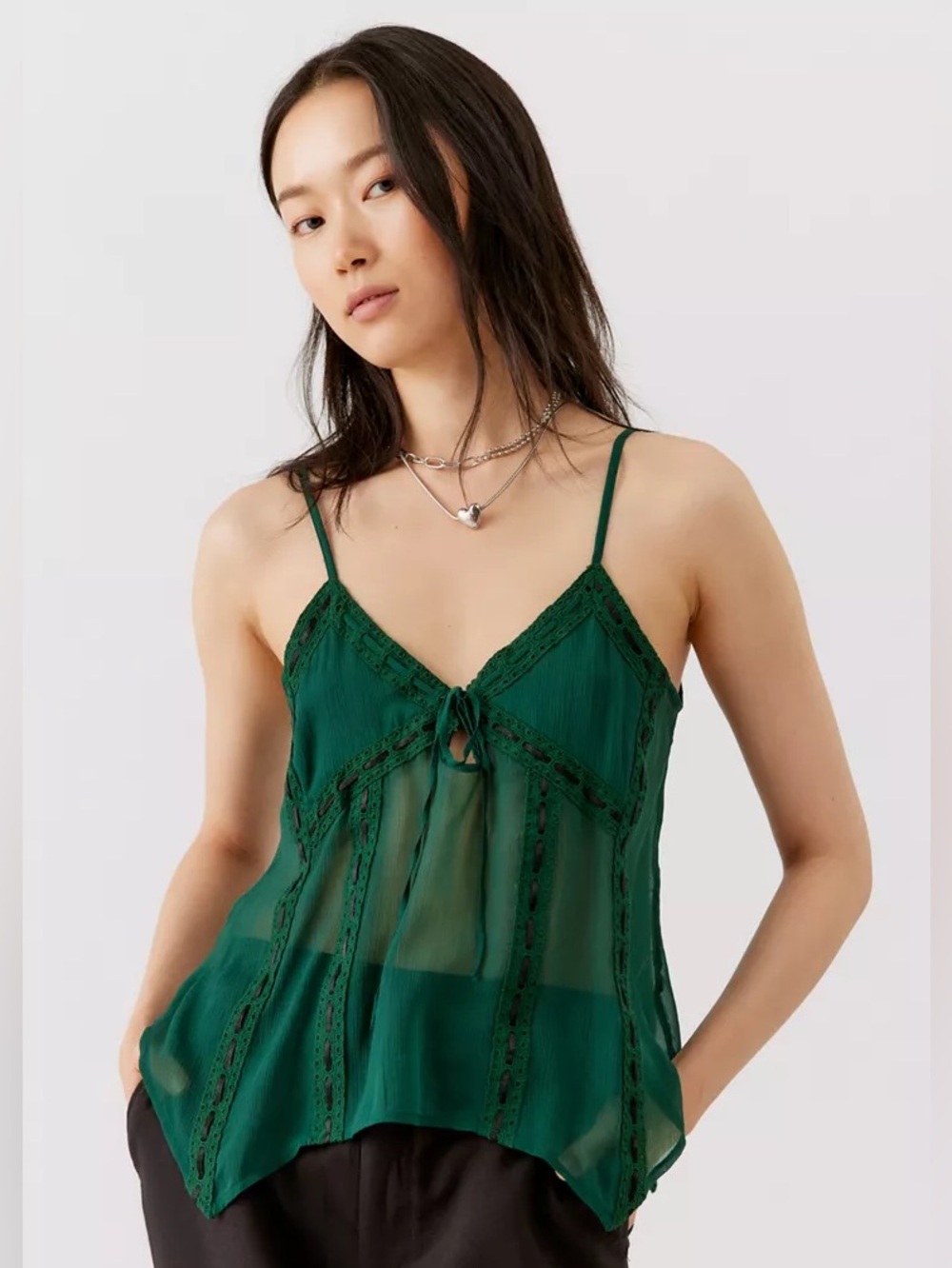 UO Clara Semi-Sheer Lace-Trim Y2K Cami